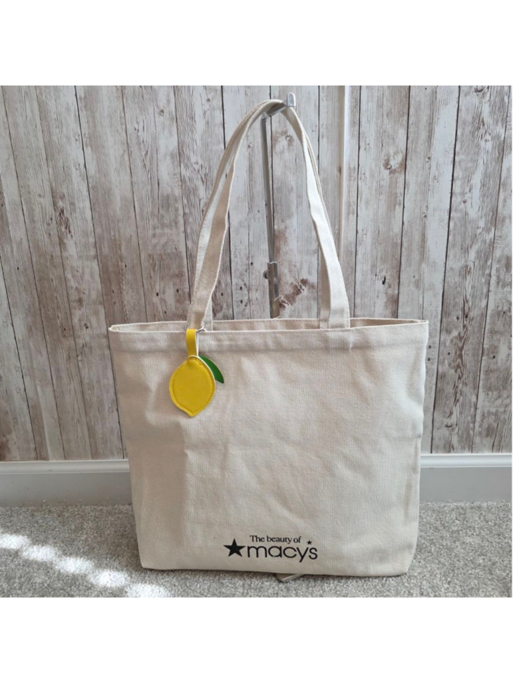 Women's Macy's Beige Canvas Tote Bag with Lemon Charm NWOT